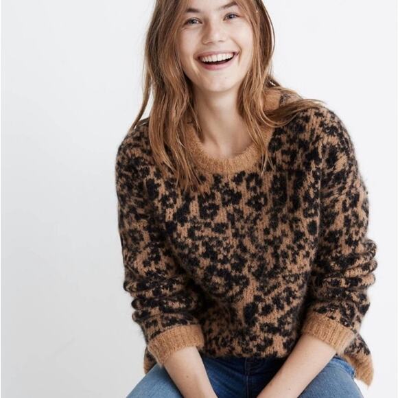 Madewell Leopard Print Sweater Alpaca Wool Cropped Brown Black Tan Size XXS - Picture 1 of 9